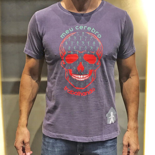 Camiseta Meu Cérebro Trabalhando Skull Cinza - Autismo